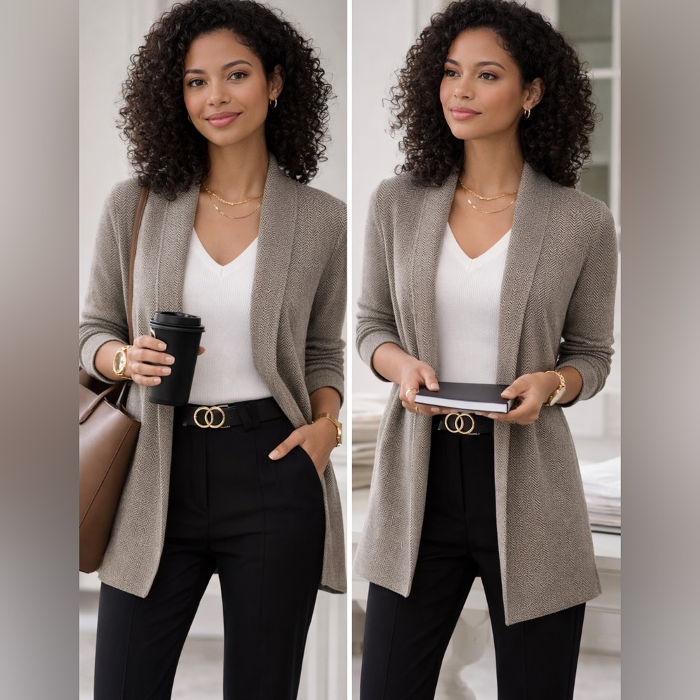 Cynthia Rowley Grey Herringbone Merino Wool Blend Cardigan Sz Large Lagenlook